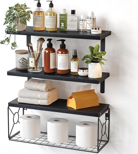 Amada Bathroom Shelves with Storage Basket, Set of 3, Black