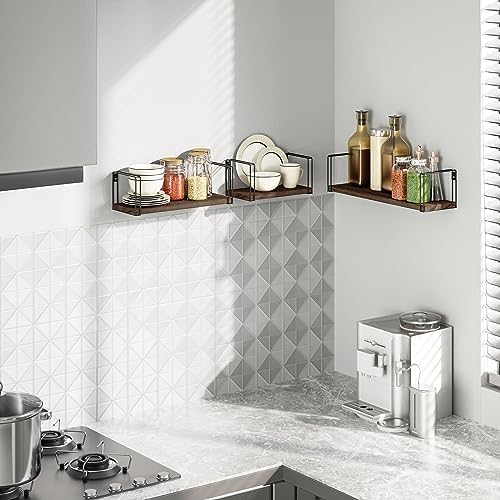 SRIWATANA Floating Shelves for Wall Set of 3, 17" Wall Shelves, Dark Walnu