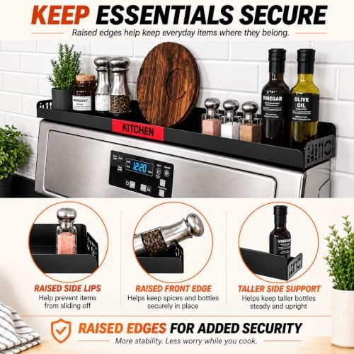 30" Magnetic Stove Top Shelf – Black Spice Rack with Red KITCHEN Design – Seasoning Organizer for Back of Stove – Over S