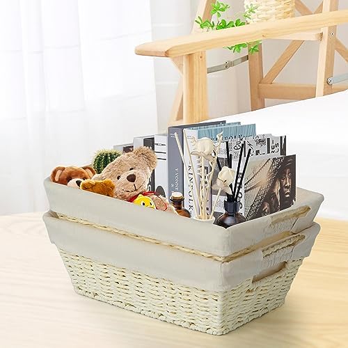 JS HOME Wicker Storage Baskets with Liners, Round Paper Rope Storage Baskets with Built-in Handles Handwoven Shelf Baske