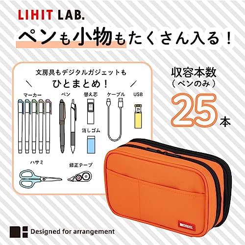 LIHIT LAB Large Capacity Double Zipper Pencil Case For School Office College, Big Capacity 6 Compartments Pencil Bag Holder Adults Teen Boys Girls, Travel Cosmetics Storage, Orange (A7555-4)