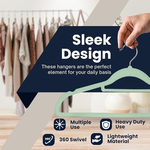 Velvet Hangers 20 Pack - Non-Slip Clothes Hangers with 360° Swivel Hook & Tie Organisers, Slim, Space-Saving Closet Hangers for Coats, Suits & Dresses - Wardrobe Organiser (Mint Green)