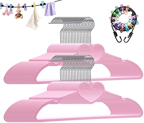 Plastic Hangers 50 Pack, Cute Clothes Hanger Ultra Thin Space Saving - Pink Clothes Hangers with 360 Degree Swivel Hook & Travel Clothesline - Sturdy Adult Coat Hangers for Dress, Shirts, Coats