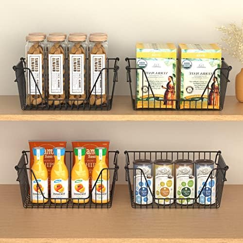 Slideep 14'' Black Stackable Storage Baskets Sturdy Metal Wire Freezer Bins Cabinet Organizer for Pantry Home Bathroom K