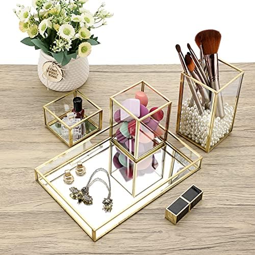 Hipiwe Set of 4 Gold Glass Makeup Brush Holder Organizer with Vanity Tray
