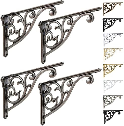 Shelf Brackets 8 Inch 4PCS Heavy Duty Antique Weathered Nickel Wall Bracket Baroque Kitchen Decorative Rack Shelves, Inc