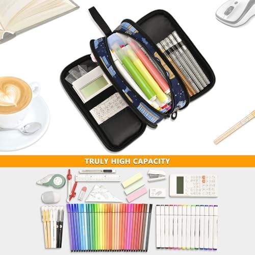 Fisyme Trains Cute Blue Pencil Case Large Capacity Pen Box Makeup Pouch Holder Organizer Stationery Bag for School Office College Traval