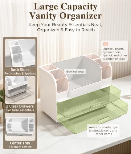 Hanyi Makeup Organizer for Vanity,Countertop Cosmetic Organizer with 2 Clear Drawers & 6 Brush Holders,Large ABS Makeup 