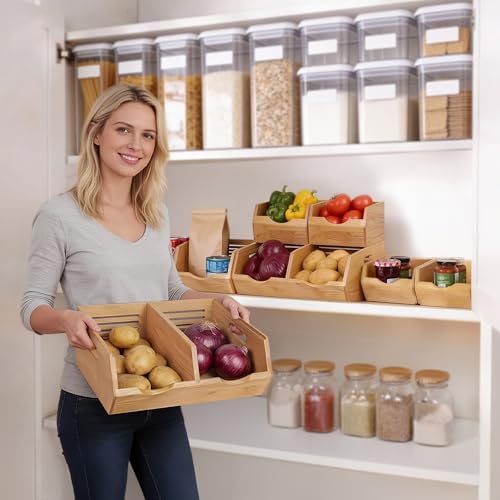 HOMESTEAD Stackable Solid Wood Storage Bins for Pantry & Countertop, Ventilated Potato and Onion Organizer with Handles,