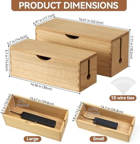 KIRIGEN Wooden Cable Management Box Set of 2, Cord Organizer, Natural