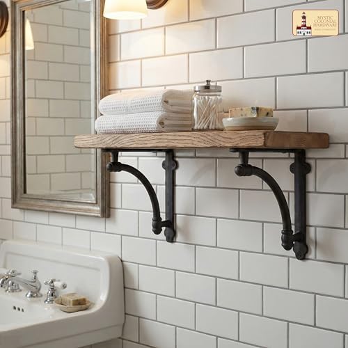 Mystic Colonial Cast Iron Shelf Brackets, Industrial Pipe Style Decorative Wall Shelf Supports, 9.25 x 9.37 Inch, Black 