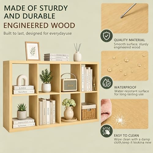 CTESNE【Wooden Thick Frame 8 Cube Storage Organizer Shelf with Anti-Tipping Kits + Reversible Open Back Bookcase, Horizon