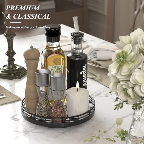 AMH 9-Inch Black and White Checkerboard Lazy Susan with Oak Base