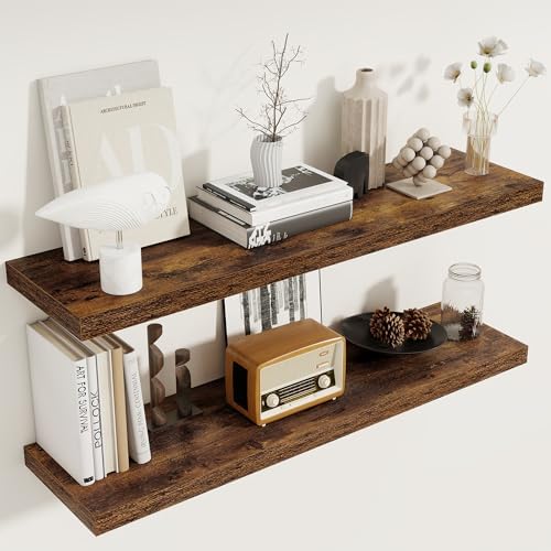 40 Inch Floating Shelves Set of 2, 8 Inch Deep Wall Shelf, Rustic Wood Storage Shelves for Bedroom, Kitchen, Bathroom, W