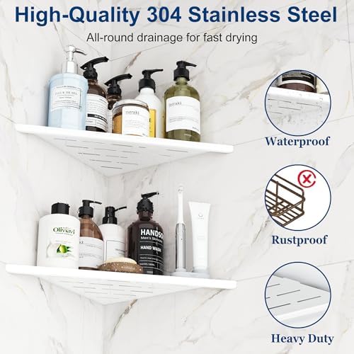 Qeke 12" Corner Shower Shelves 304 Stainless Steel, Matte White, 2 Pack