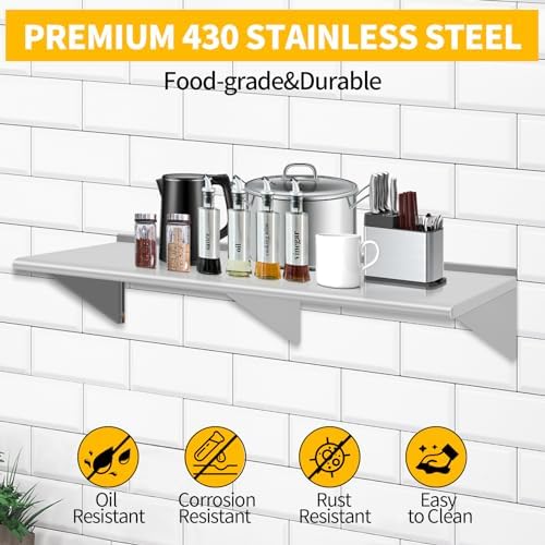18" D x 60" W Stainless Steel Wall Mounted Shelves, Floating Shelving with Brackets, Commercial Shelf Perfect for Restau