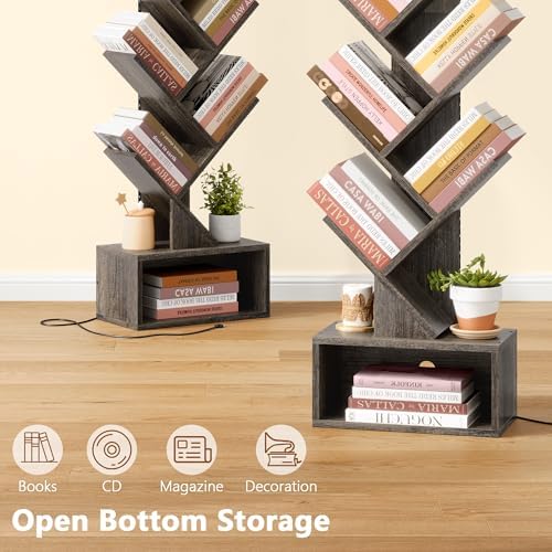 Hoctieon 6 Tier Tree Bookshelf with LED Lights, Small Bookcase, Freestanding Book Shelf, Display Floor Standing Storage 