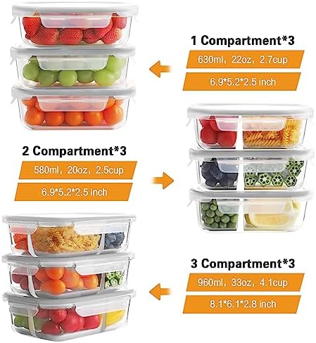 Bayco 9 Pack 3, 2 & 1 Compartment Glass Food Storage Containers with Lids