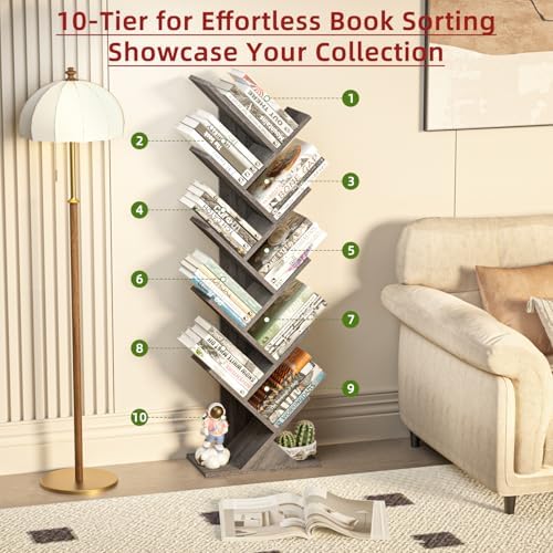 10 Tier Tree Book Shelf, Floor Standing Wood Bookshelf for Narrow Space