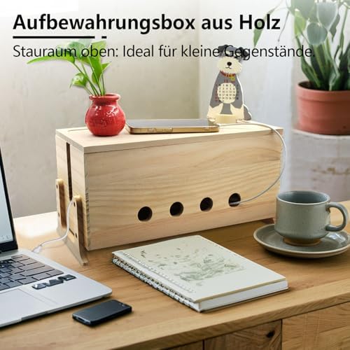 Large Wood Cable Management Box, Natural Cord Organizer 14.2"