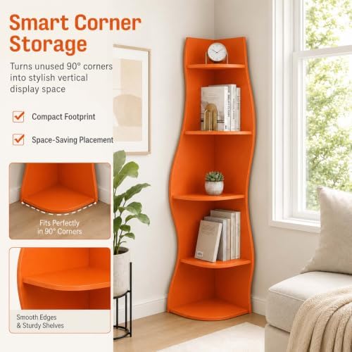 HRVEOCEI 5-Tier Wavy Corner Shelf with Curvy Shape for Small Space, Orange