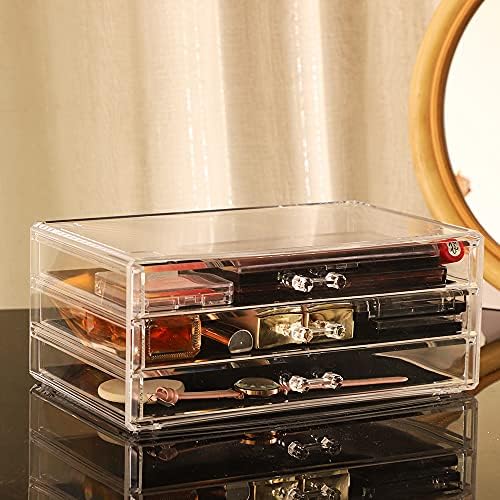 Cq acrylic Drawer Organizer with 3 Long Drawers,Stacking Office Supply Organizer and Desk Pen Storage and Stationary Org