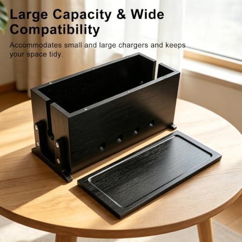Large Wood Cable Management Box, Black Cord Organizer 14"