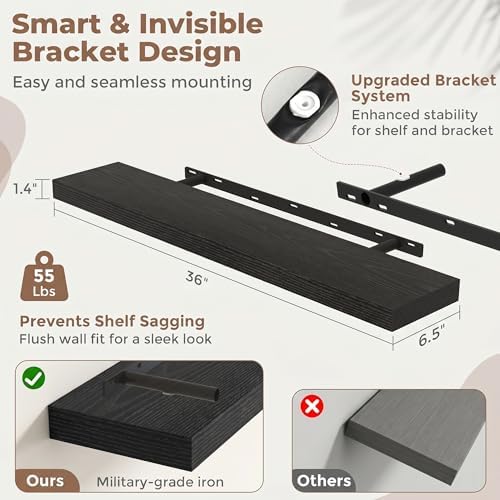 36 Inch Floating Shelves for Wall, 6.5"D Wood Storage Shelves, Black Finish