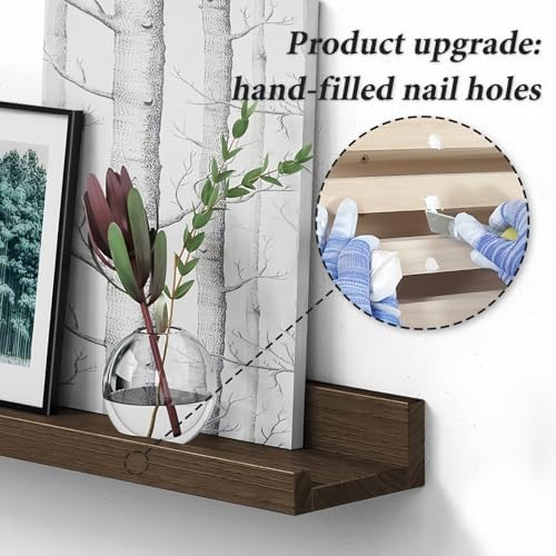 24 Inch Wooden Picture Ledge Shelf, Rustic Brown Phtoto Shelves for Wall