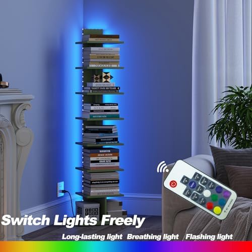 TUTOTAK Book Shelf, Narrow Spine Bookshelf, 8-Tier Bookcase with LED Lights