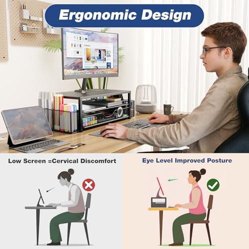 OPNICE Desk Organizer and Accessories, 2-Tier Computer Monitor Stand Riser with Drawer and 2 Pen Holders, Laptop Stand, 