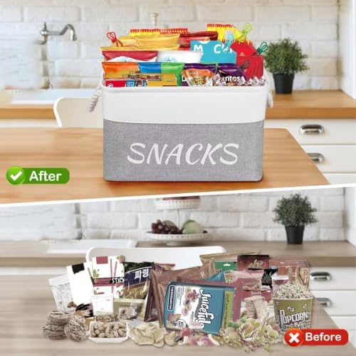 Snack Organizer for Pantry, Decorative Snack Basket with 10pcs Chip Clips, Snack Organizer for Desktop, Collapsible Shel