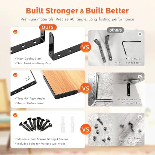 WINKER Corner Brace 16Pcs Shelf Bracket Heavy Duty Black Steel L Corner Brace, Decorative Joint Angle Bracket for Shelf 