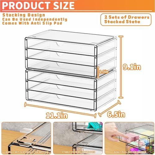 Yieach 2 Pack Acrylic Storage Drawers With 6 Drawers,Stackable Desk Organizer and Makeup Organizer,Large Clear Office Su