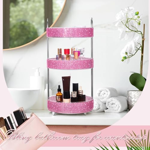 Honeydak Bling Rotating Cosmetic Display, 3 Tiers, Resin Diamond, Pink