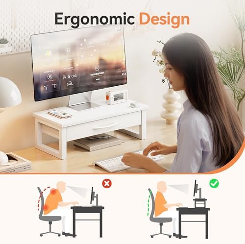 Desk Organizers and Accessories, Computer Monitor Stand Riser with Drawer, White Laptop Stand for Desk with Storage, Off