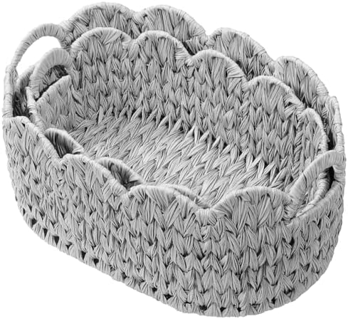 Coeusy Wicker Scalloped Basket Set of 2,Woven Storage Baskets for Shelves,Closet,Laundry,Gift,Towels,Books,Toys,Waterproof Cute Decor Basket for Organizing,Grey