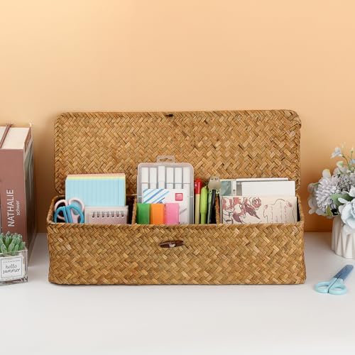 Hipiwe Handwoven Wicker Basket Box Rectangular Wardrobe Home Organizer with Lid 3 Sections Toilet Paper Holder Home Orga