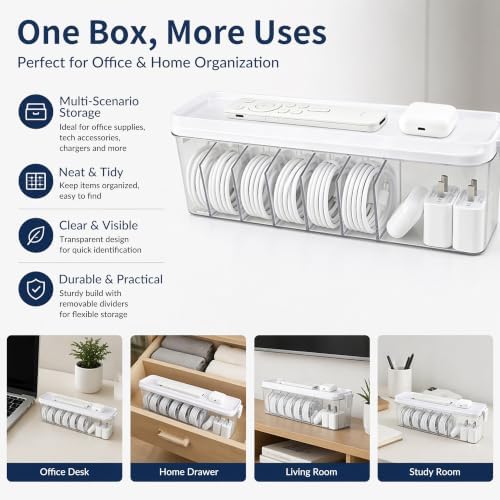TexHome Clear Cord Storage Organizer Box with Lid, Plastic Charger Cable Organizer with Wire Ties, Electronics Cord Orga