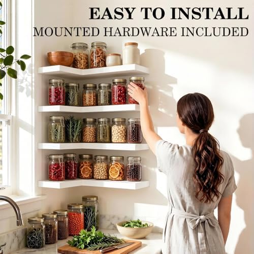 Floating Corner Shelves, Wall Shelf Set of 4, Shelves for Wall Storage, Solid Wood Shelves for Storage, Wall Mount Woode