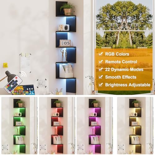 Qupui 5-Tier Corner Shelf with LED, 49" Floating Wall Shelf, Black