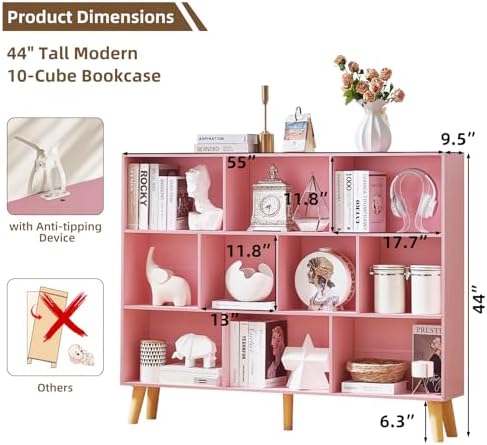 LEYAOYAO 10 Cube Bookshelf,Mid-Century Modern Bookcase with Legs,Light Pink