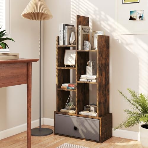 Tangkula 7-Tier Narrow Bookshelf with Fabric Drawer, Staggered Geometric Bookcase for Small Spaces, Industrial Wooden St