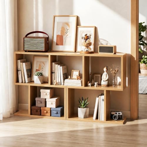 GIANTEX 3-Tier Wood S-Shaped Geometric Bookshelf Set of 2, Natural