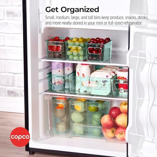 Copco Mini Fridge Bins Set of 4 Green - Refrigerator Organizer Bins with Handles, Clear Storage Bins for Fridge, Pantry 
