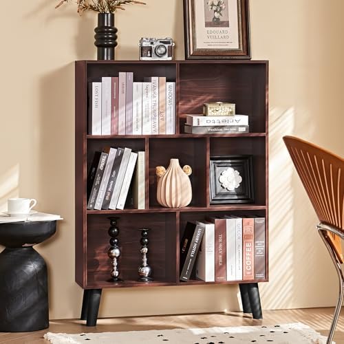 LEYAOYAO Cube Bookshelf, Mid-Century Modern Book Shelf with Legs, Walnut