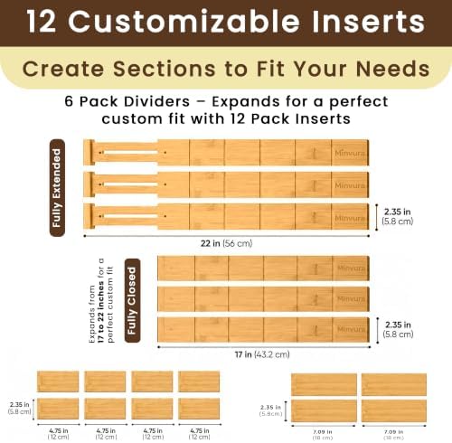 6 Pack Bamboo Drawer Dividers with 12 Inserts, Adjustable 17–22 Inch Expandable Drawer Organizer for Kitchen, Dresser & 