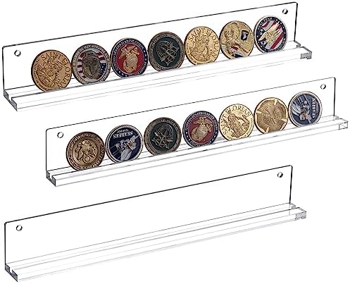 MyGift Challenge Coin Display, Wall Mounted Clear Acrylic Shelves, Set of 3