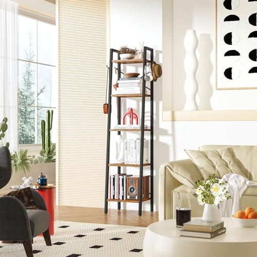 YMYNY 5 Tiers Ladder Bookcase, Industrial Narrow Bookshelf, Open Display Rack with 4 S Hooks, Metal Storage Shelves for 