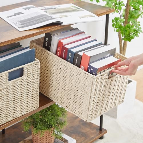 Vagusicc Wicker Storage Basket, Set of 2 Hand-Woven Paper Rope Wicker Basket, Small Storage Baskets for Organizing Toile